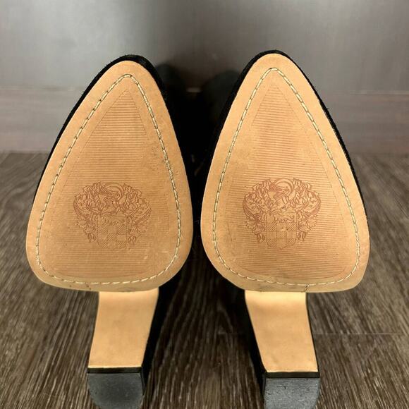 EUC Vince Camuto Coranna Black Suede Knee High Boots Size 8.5M Heel Fringe Boho - Picture 15 of 16